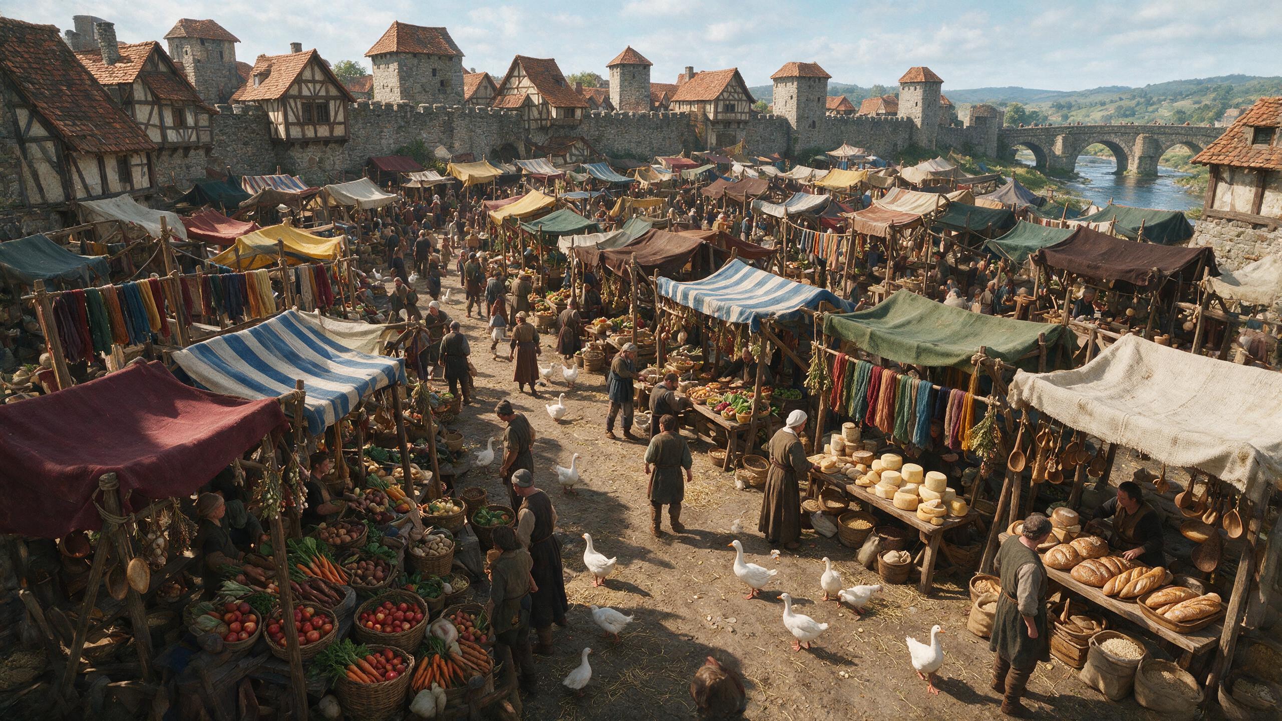 A sprawling medieval marketplace viewed from above, dozens of merchant stalls with distinct awnings, crowds bartering, geese underfoot.