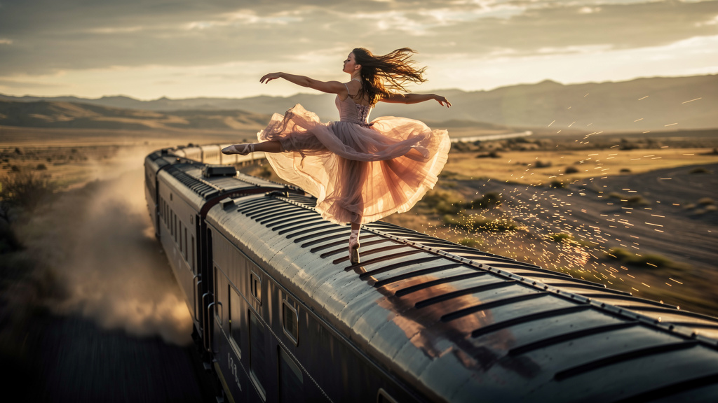 A ballerina doing a dance on top of a moving train.