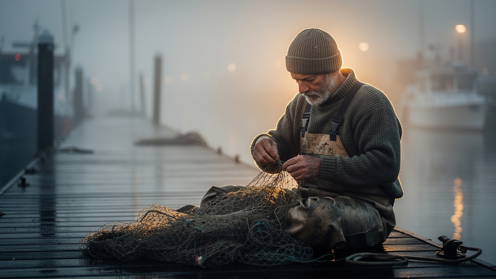 A weathered fisherman mending a net on a fog-covered dock at dawn, shot on 85mm with soft golden backlight and shallow depth of field.
