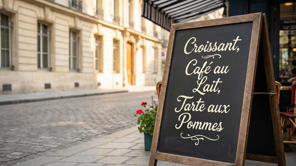 Chalkboard menu outside a Parisian café with elegant handwritten script listing 'Croissant, Café au Lait, Tarte aux Pommes.'