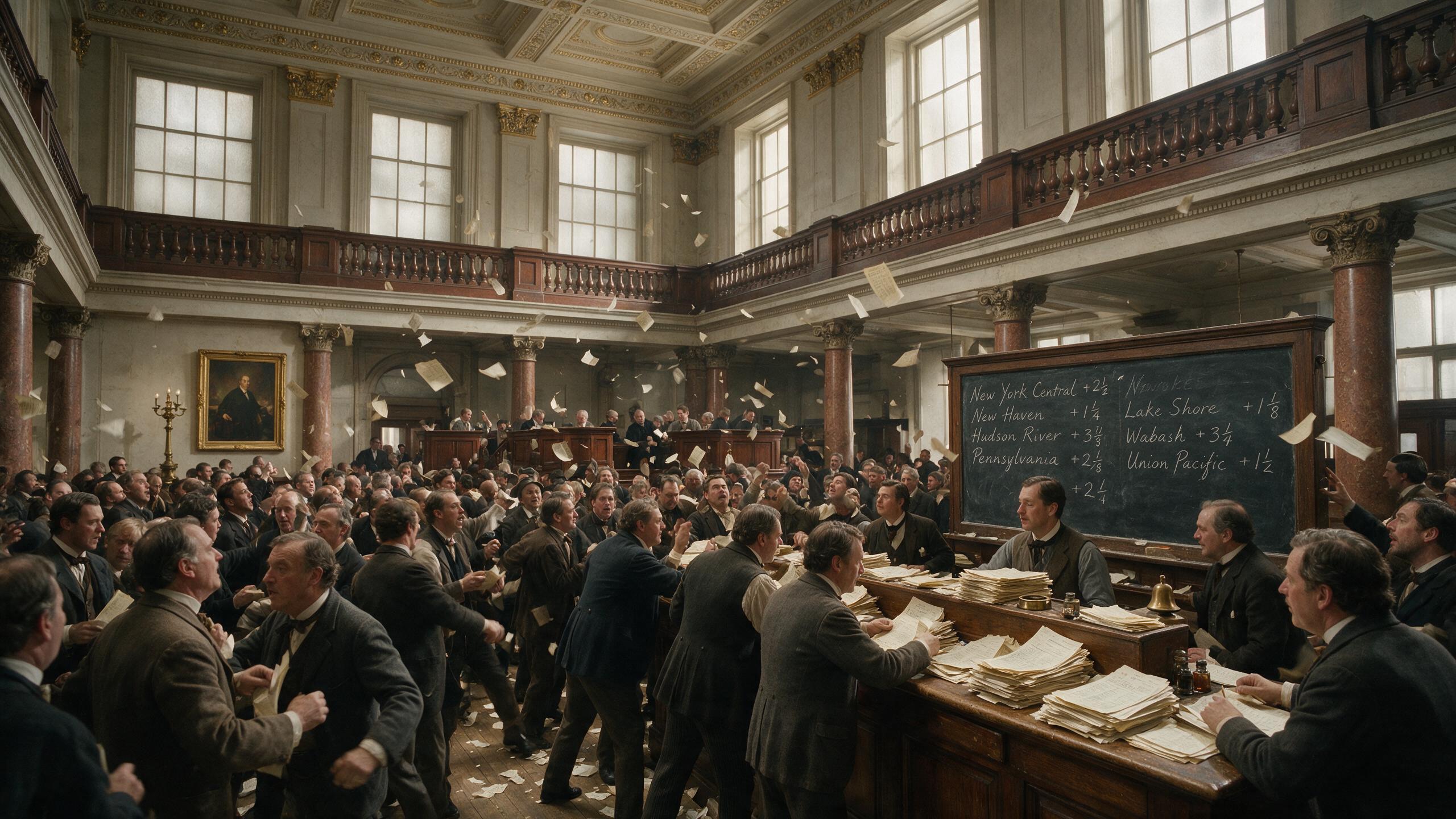 A chaotic day in an 1800s New York Stock Exchange with brokers crowding and hustling to buy and sell shares.