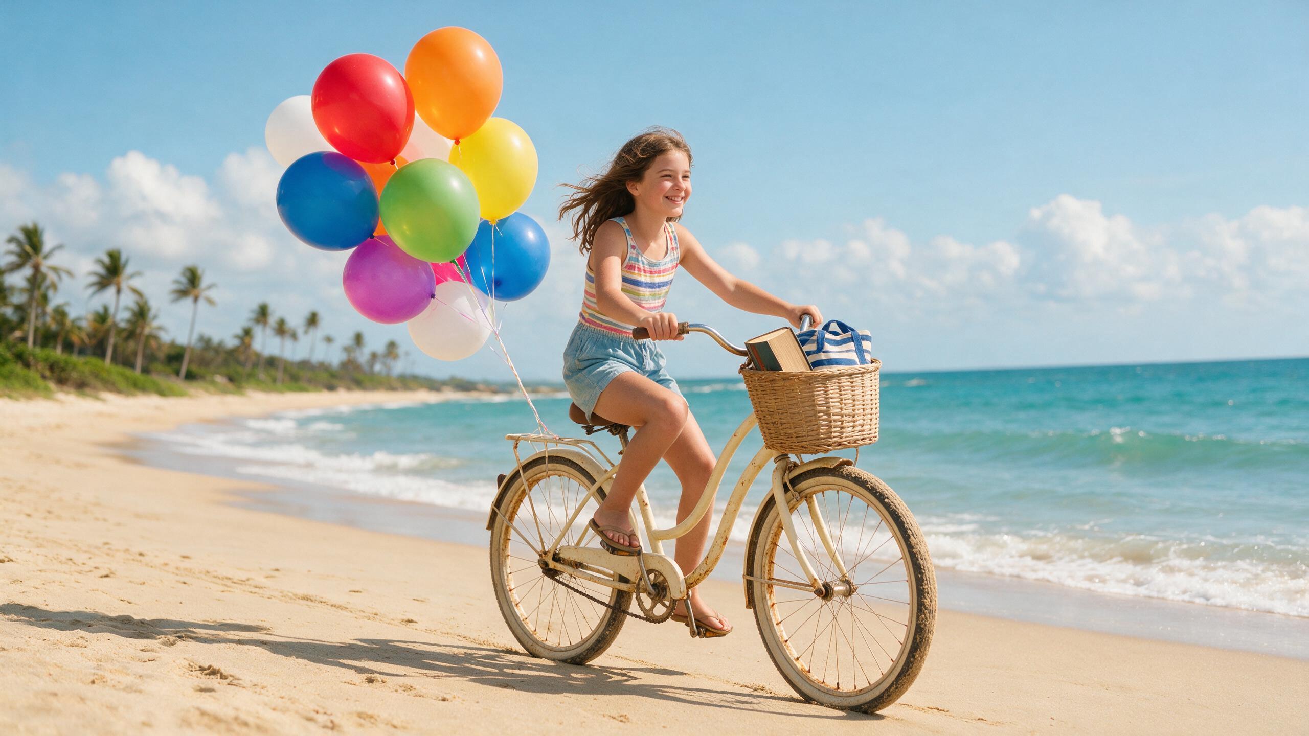 A girl on her bicycle, cycling along a sunny beach with a bunch of colorful helium balloons trailing behind the bicycle.