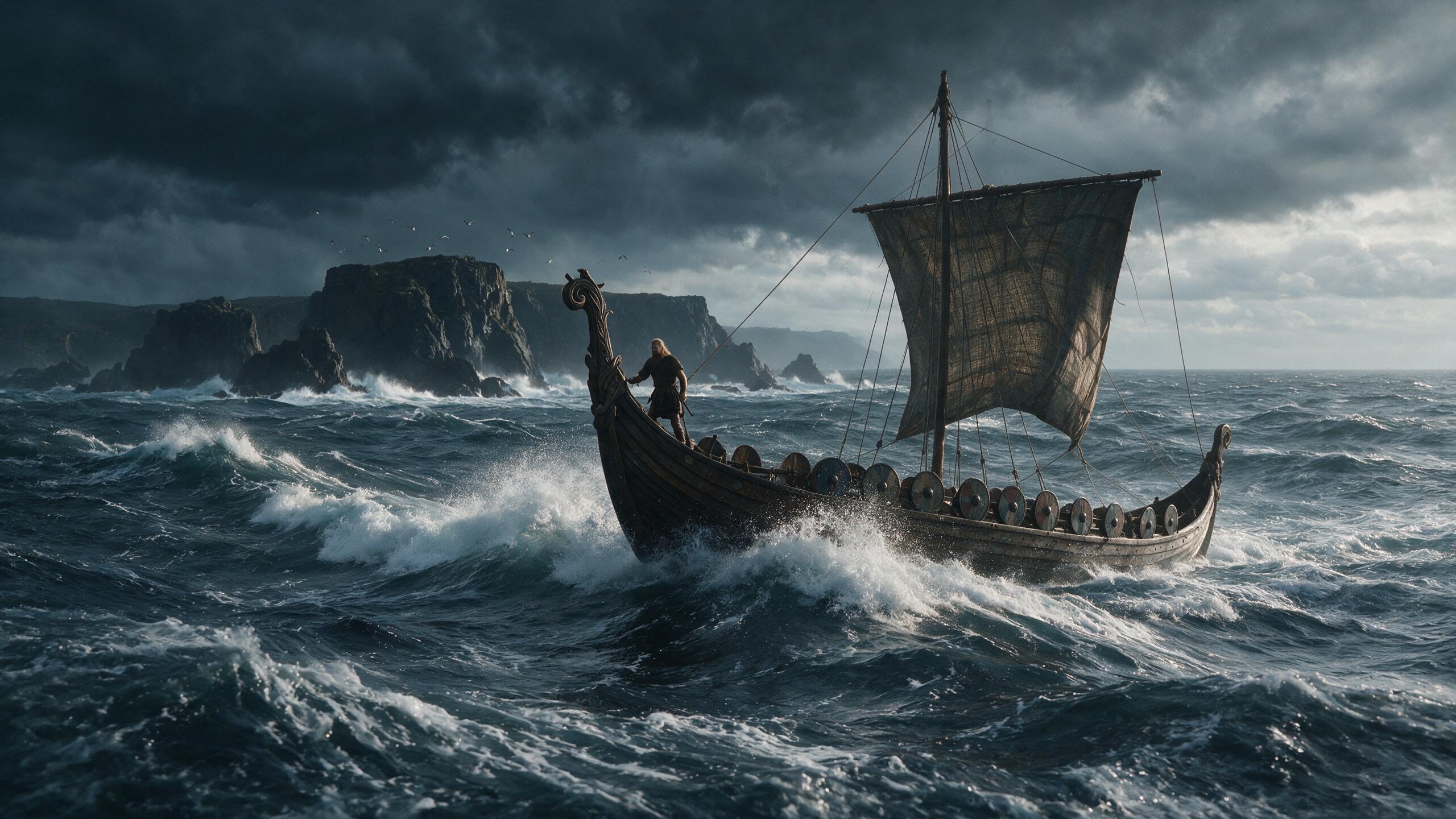 A viking standing at the head of a ship as it navigates a tumultuous ocean.